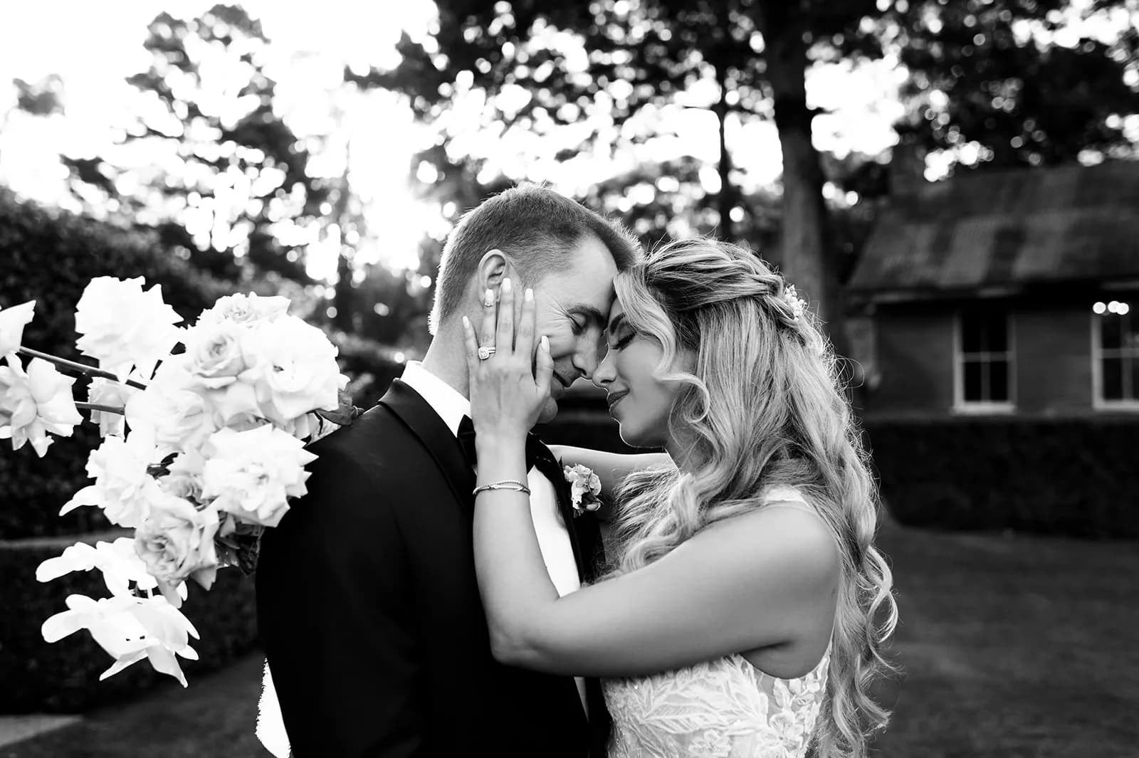 Bride and groom embracing