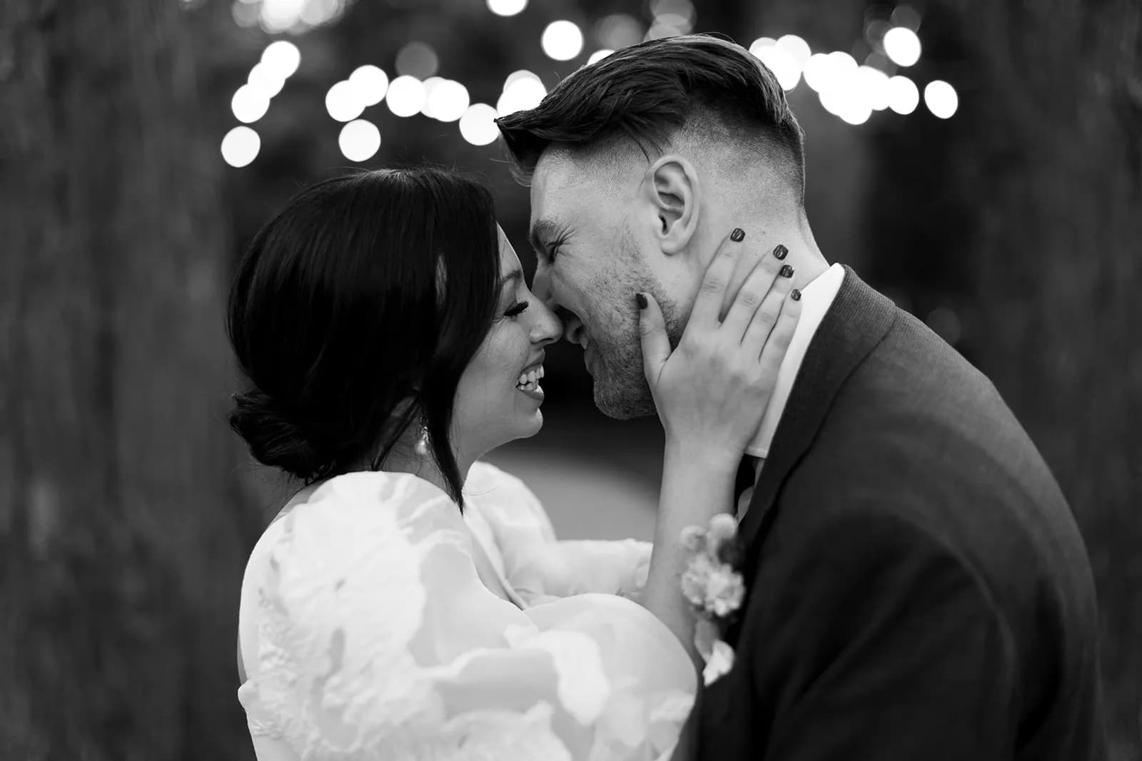 Bride and groom embracing