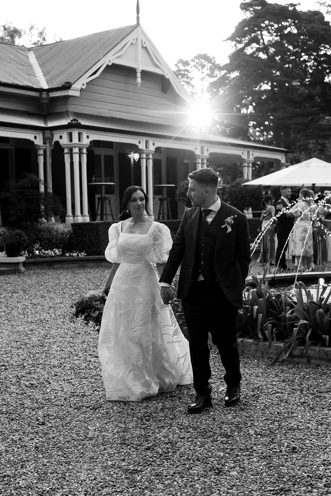 Bride and groom walking together
