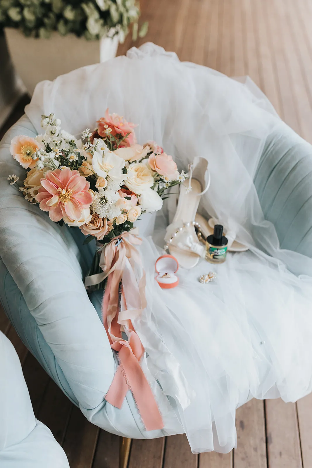 bouquet, shoes and rings for wedding day