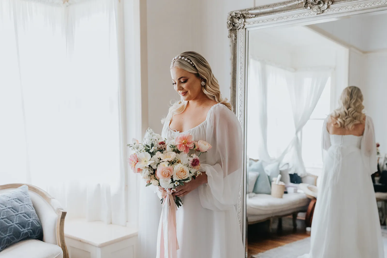 Bride holding bouquet in brides retreat