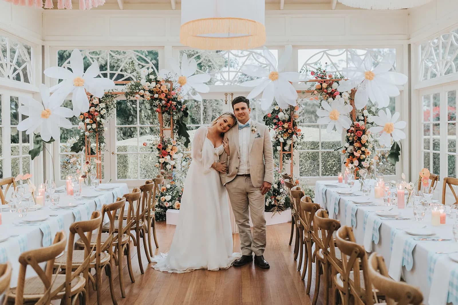 Bride and groom in reception space