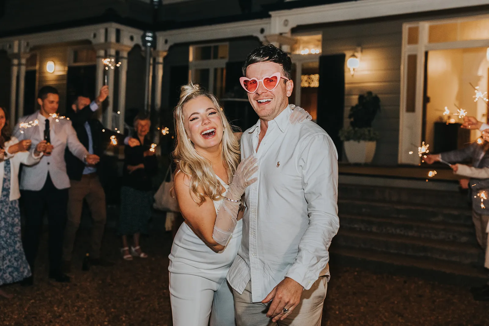 Bride and groom laughing