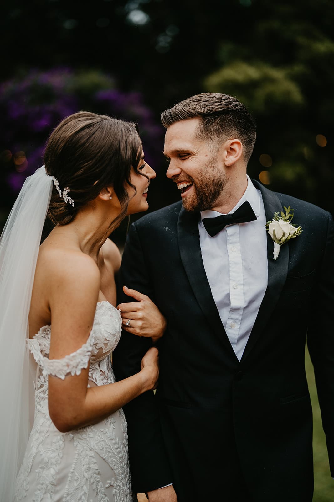 Bride and groom laughing