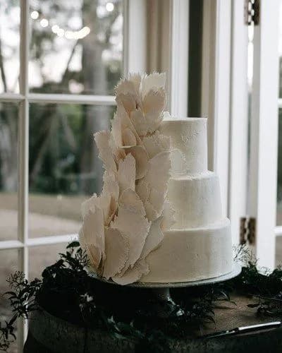 A three-tier white wedding cake is adorned with large, delicate white sugar petals cascading down the side. The cake sits on a wooden stand, which is surrounded by greenery. The background features a window with a view of trees.
