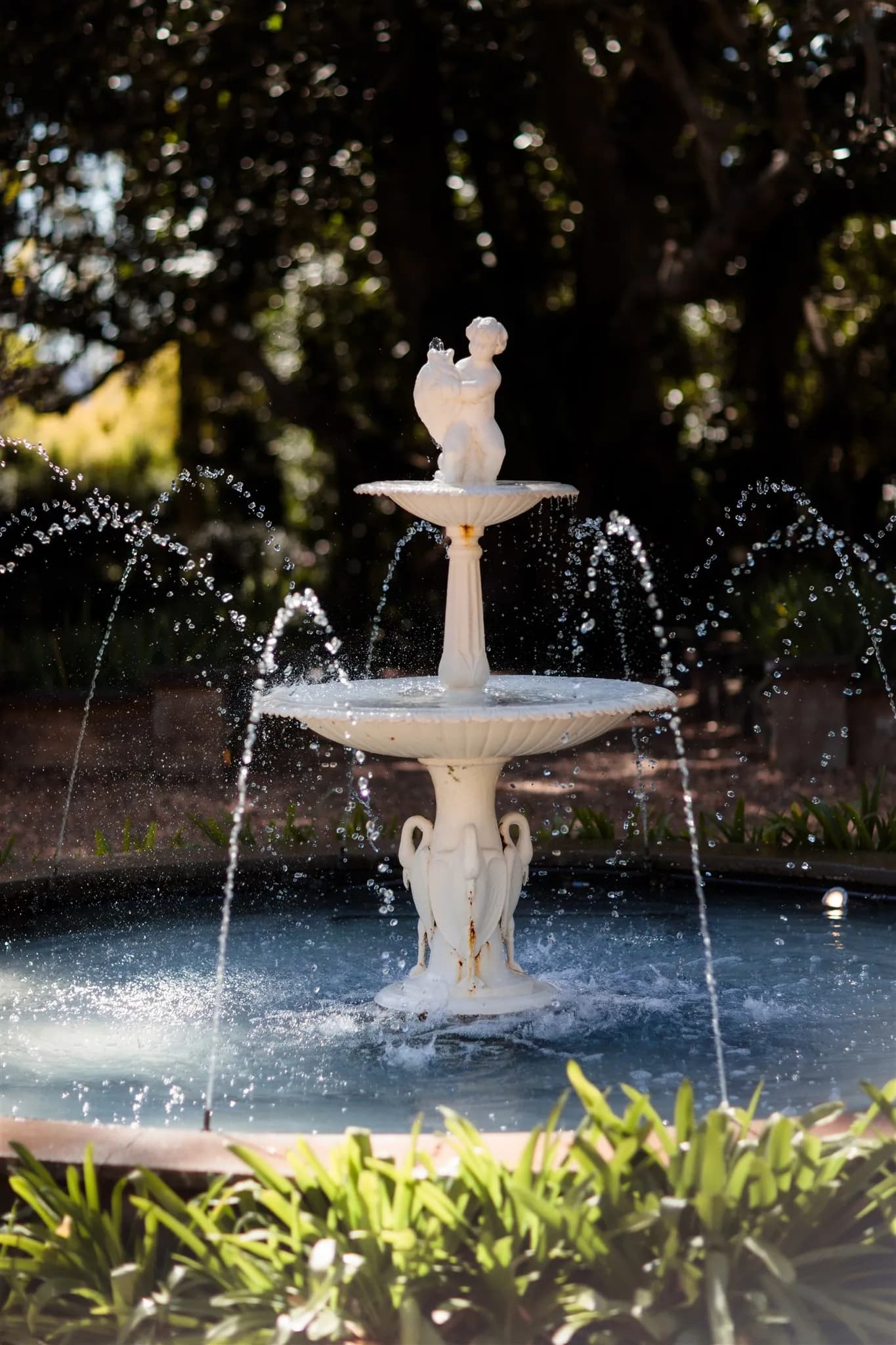 A white, two-tiered stone fountain is shown with water cascading from both levels. The top features a small cherub statue holding a jug. The fountain is surrounded by greenery and bathed in sunlight, creating a tranquil garden scene.