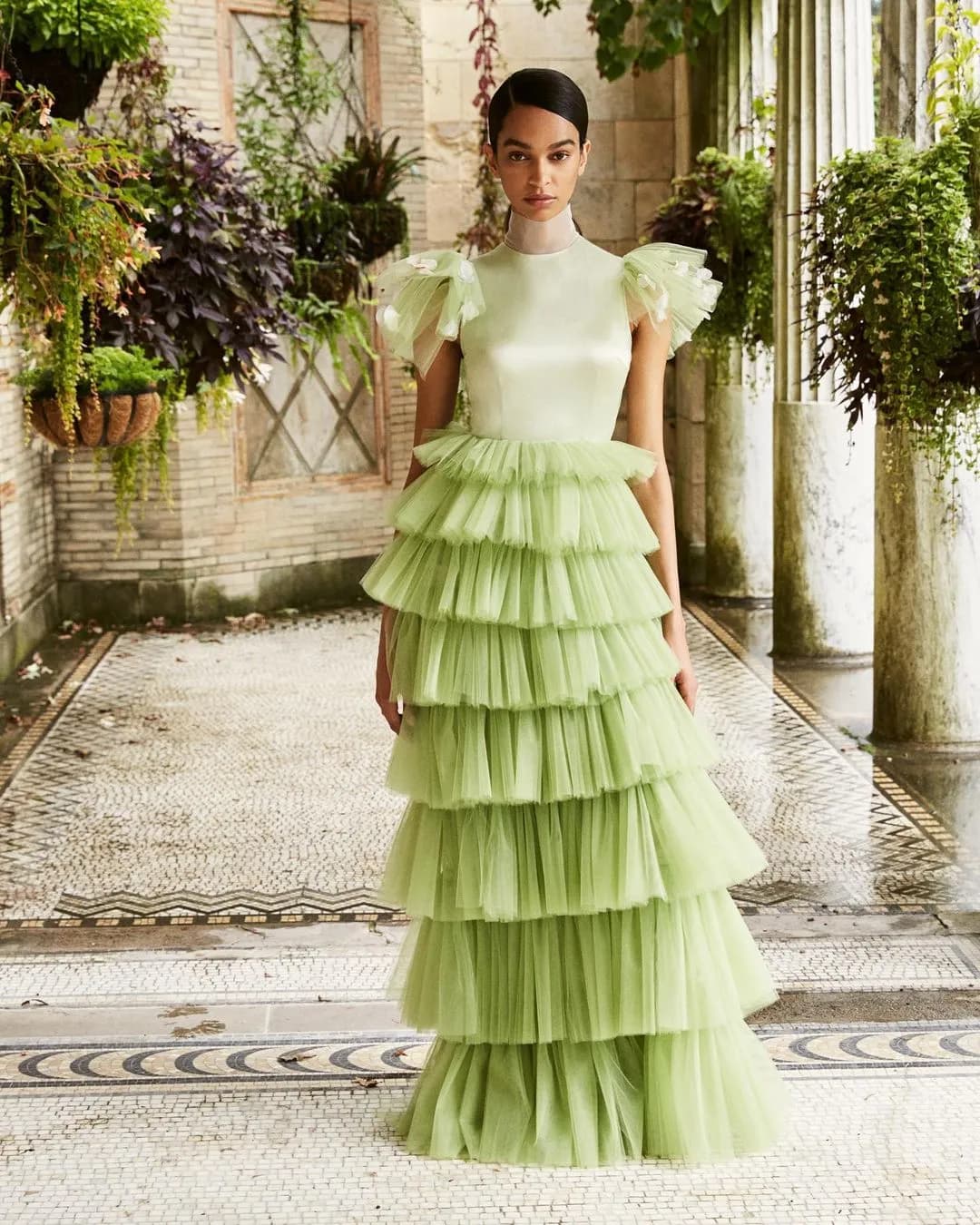 Bride wearing green dress