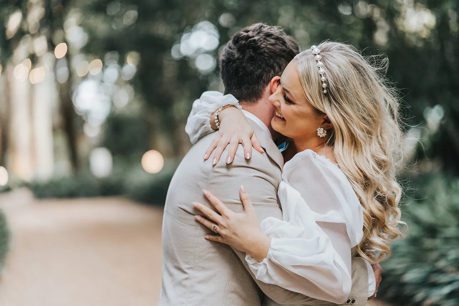 Bride and groom hugging