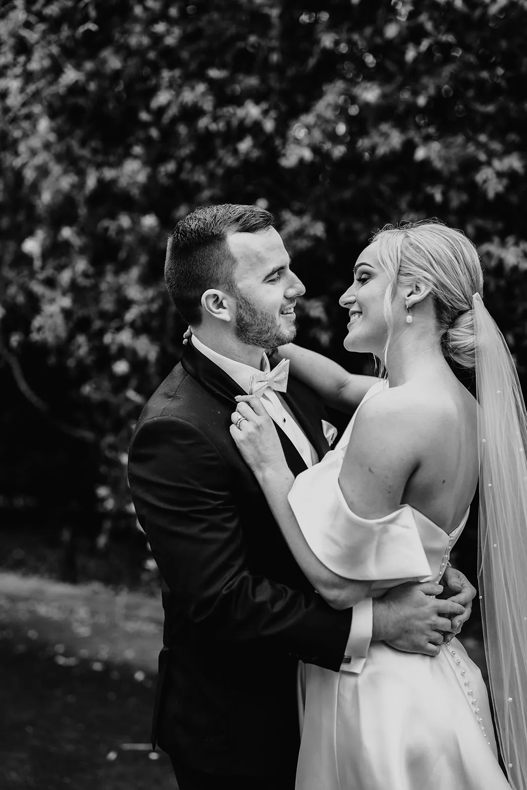 Bride and groom hugging