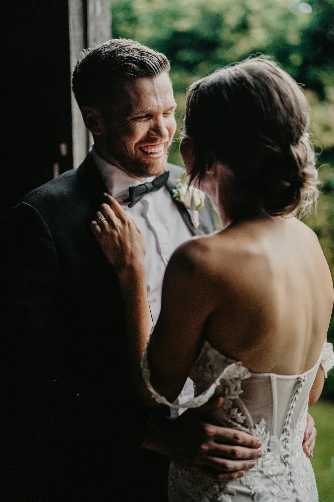 Bride and groom hugging